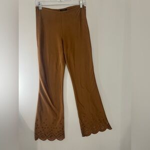 Thin Tan Flare Pants with eyelet Scalloped Hem